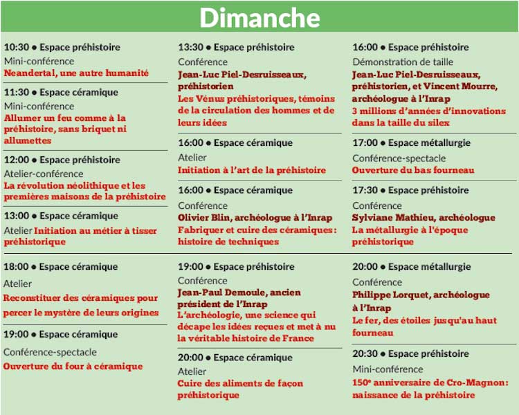 Liste des événements du dimanche